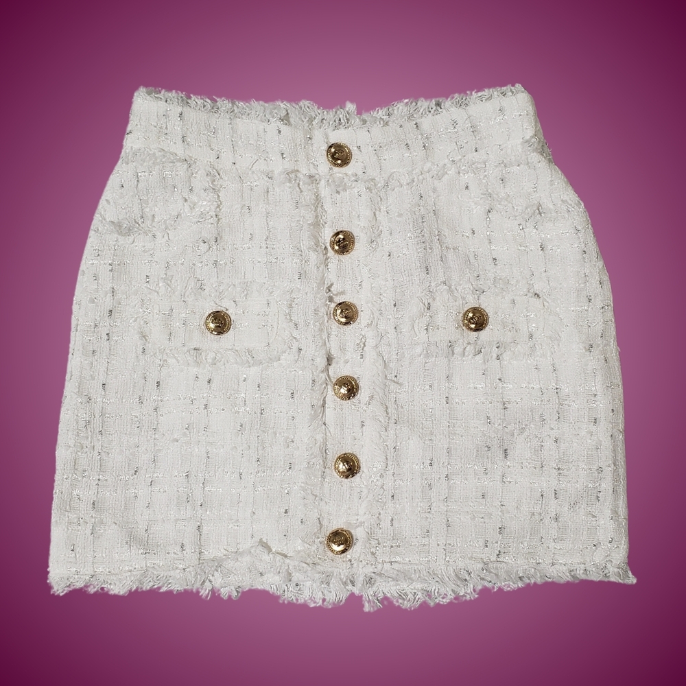 WALTER BAKER Dalia Tweed Mini Skirt 10 Elite Tweed Silver Metallic Gold Buttons